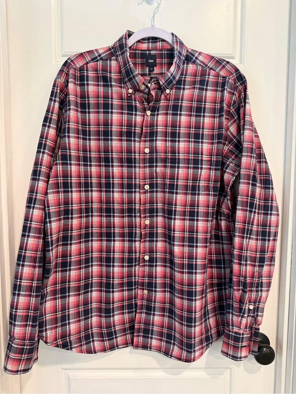 Gap Men’s Large Plaid Button Down Shirt Pink Navy Long Sleeve Preppy